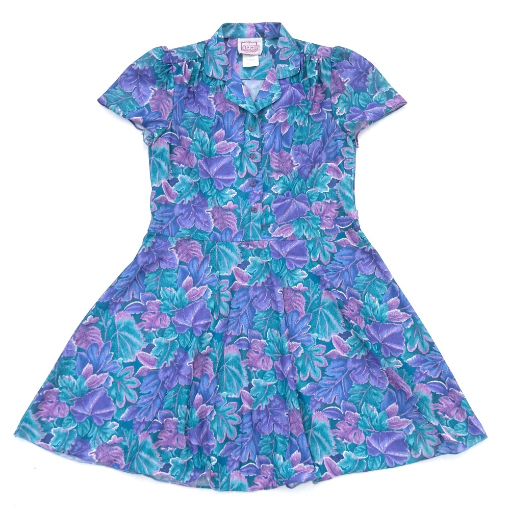 Vintage 80s California Looks Teal Blue Purple Leaves Short Sleeve Dress